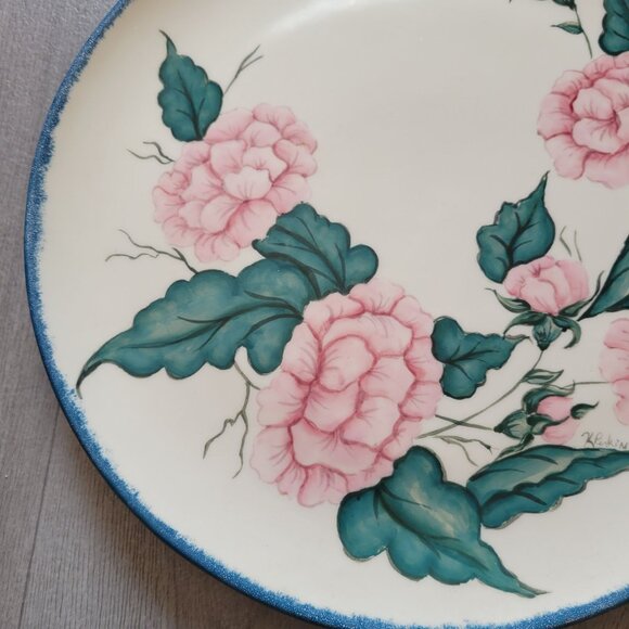 Vintage Hand-Painted Floral Ceramic Plate By Perkins With Blue Trim - Picture 4 of 5